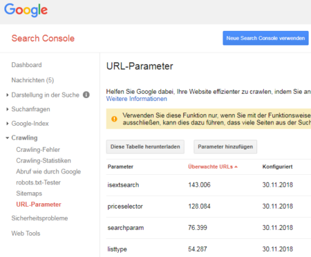 Screenshot Google Search Console URL-Parameter